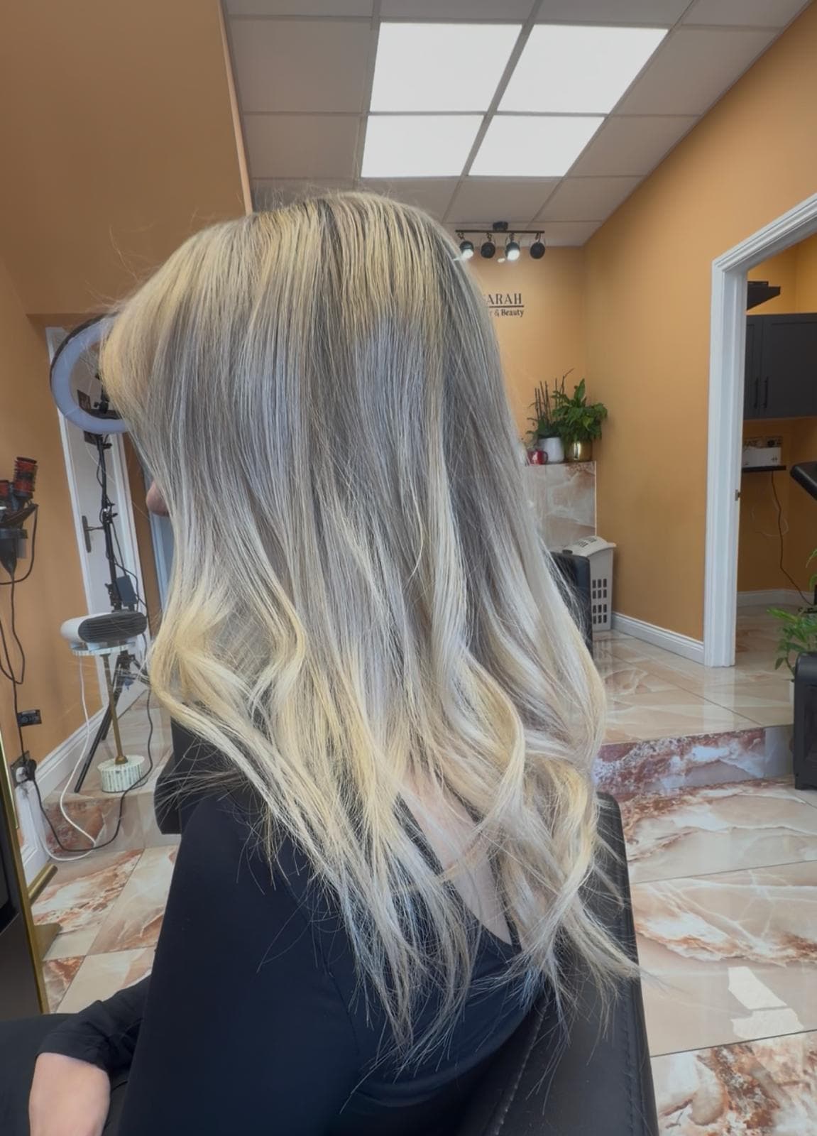 Platinum blonde balayage at Sarah Hair & Beauty Whitley Bay